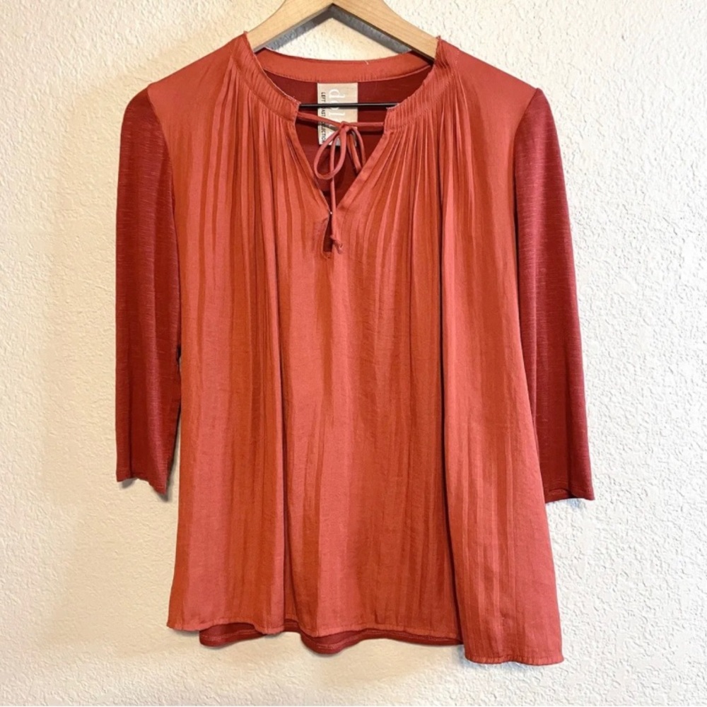 Anthropologie Dolan Left Coast Women’s XS Tie Shirred Neck 3/4 Sleeve Top Orange